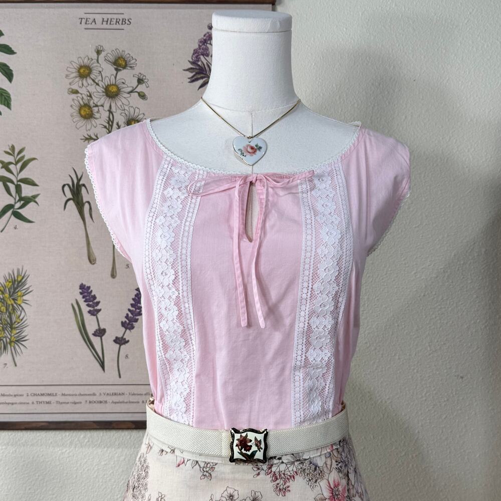90s Y2k Lace Keyhole Tie Top Coquette Cottage Femme Romantic Dolly Dollette XL - Picture 2 of 9